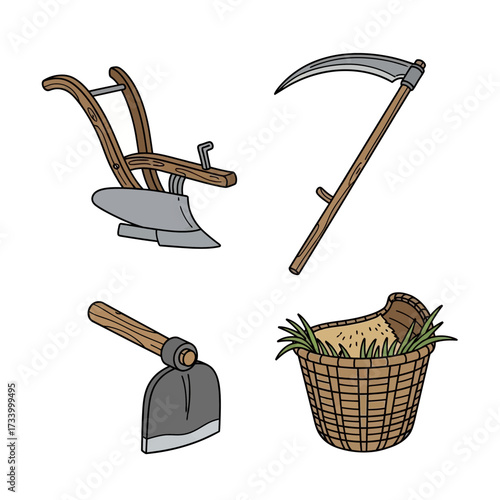 Vintage Agricultural Tools Set Plow Scythe Hoe Basket.