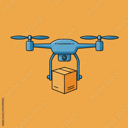 A blue drone with rotating propellers carries a cardboard box