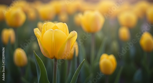 Vibrant yellow tulips blooming in a garden with soft sunlight