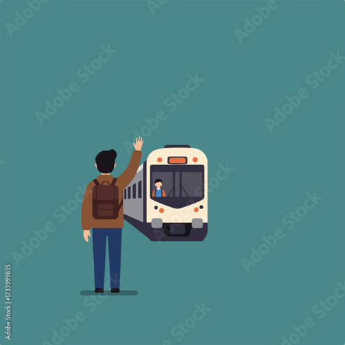 Person with backpack waves goodbye to a departing train