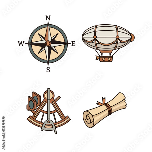 Vintage navigation tools compass airship sextant and scroll illustration.