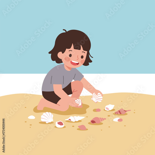 Child collecting seashells on a sandy beach with a blue ocean background