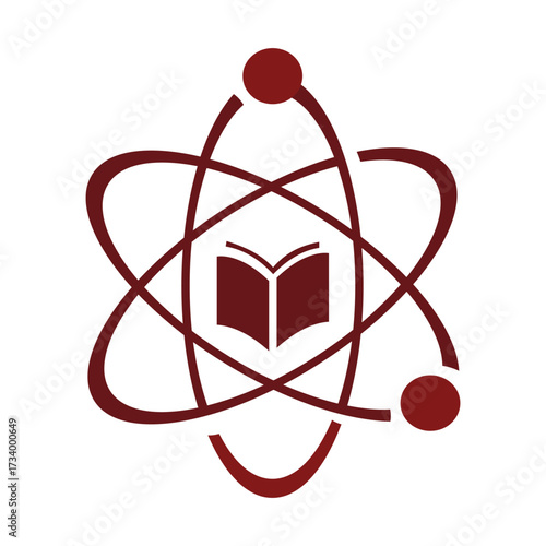 Educational science logo with atom orbit and open book icon