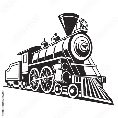 Detailed black and white illustration of a vintage steam train on railway tracks locomotive steam engine