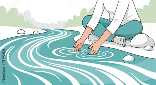 Cartoon illustration showcasing a person touching water in a flowing river scene outdoor