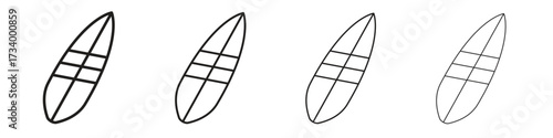 Surfing icons designed in outline, line and stroke style