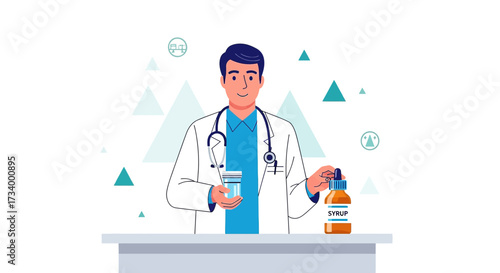 Cartoon illustration showcasing a doctor holding medication and syrup for medical treatment