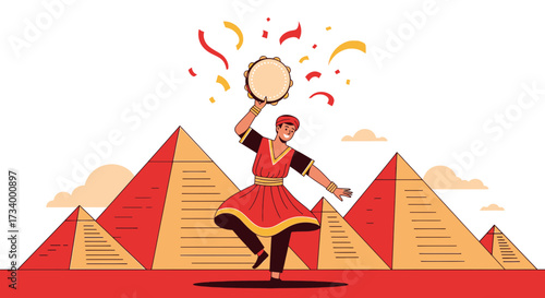 Celebrating ancient egypt: a dancer with a tambourine against the backdrop of pyramids