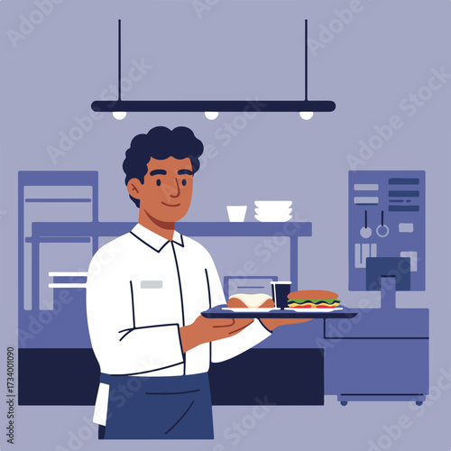 Server presents a tray with a burger, sandwich, drink, and pastry in a diner