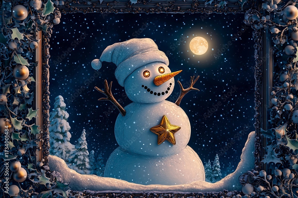Obraz premium Magical snowman with twinkling eyes and a golden star at night