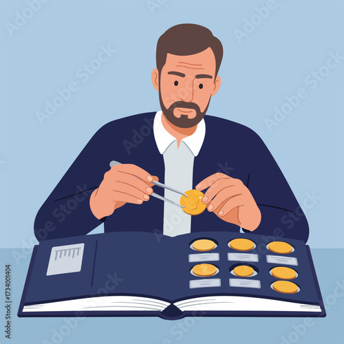 A man carefully handles a gold coin with tweezers, examining it over an opened album