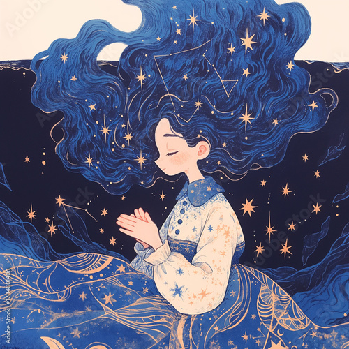 占いをテーマにした1980年代アニメ風の幻想的な夜の海に立つ女性の手描きイラスト、星座やスピリチュアルなキーワードを含む神秘的な雰囲気が印象的な幻想系素材