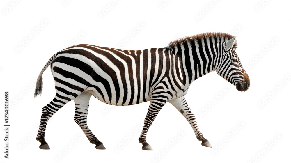 Fototapeta premium Zebra in Motion: A striking zebra with its distinctive black and white stripes strides gracefully across a pristine scene, exuding elegance and the untamed spirit of the African savanna.