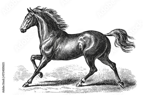 Majestic Horse in Motion Vintage Black and White Engraving