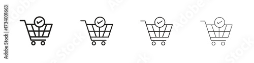 Shopping cart check icons designed in outline, line and stroke style