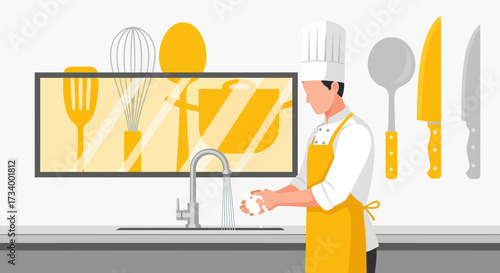 Chef washing hands in the kitchen with cooking utensils and knives background image