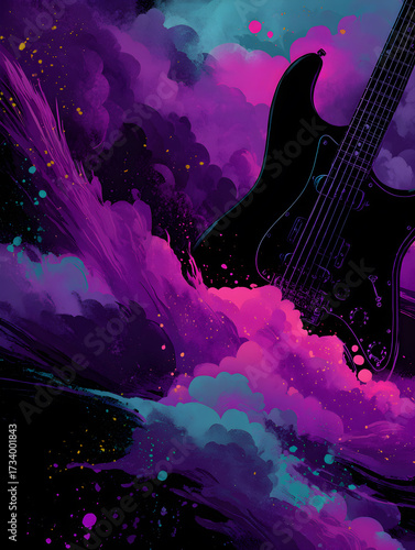 A guitar amidst scattered colors, mainly using purple tones.