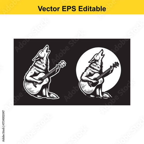 Wolf playing guitar howling at moon, vector illustration