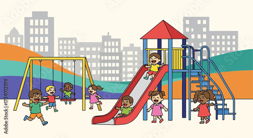 Children playing happily on a vibrant playground set against a cityscape backdrop, enjoying slides