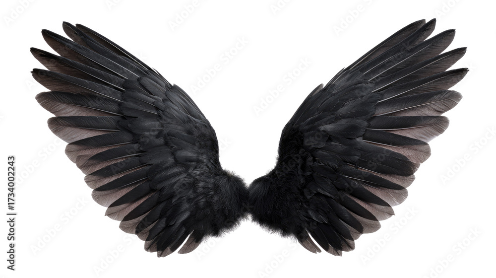 Naklejka premium Ebony Wings: A pair of raven wings, dark as night, spread wide, creating a powerful and evocative visual display. Capturing a sense of freedom.