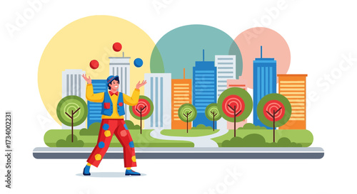 Colorful clown juggling balls in a vibrant city park creating a whimsical atmosphere, showcasing