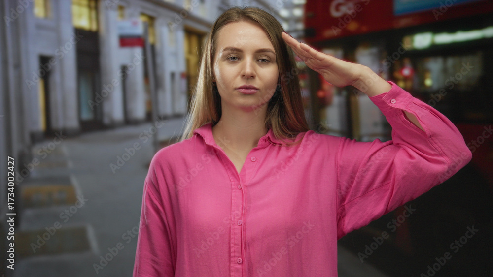 Fototapeta premium Woman in a pink shirt salutes on a city street with a double-decker bus in the background, capturing an urban and patriotic atmosphere.