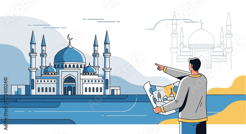 Conceptual illustration of an architect with a blueprint presenting a modern mosque design