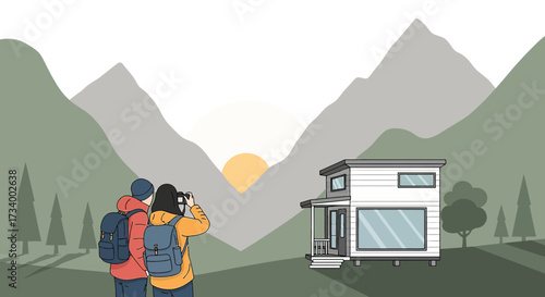 Couple enjoying mountain view with tiny house at sunrise digital illustration with adventure