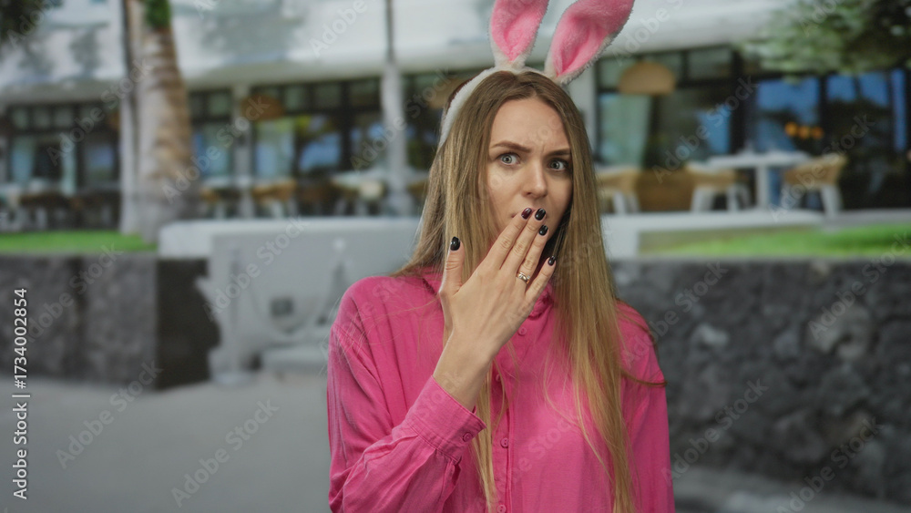 Fototapeta premium Woman in pink wearing rabbit ears covers mouth on a city street, blending easter festivity with casual outdoor ambiance, capturing a playful, whimsical urban moment.