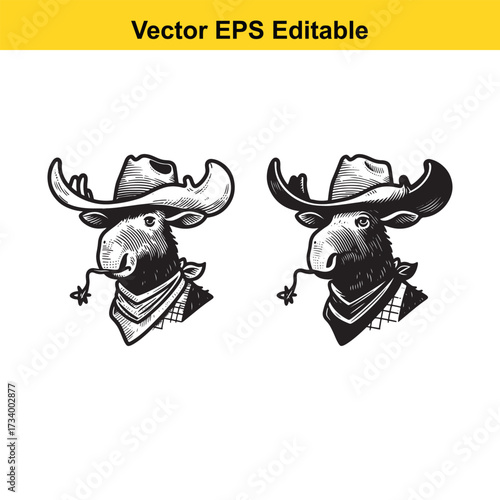 Two cowboy moose wearing hats and bandanas, isolated on white background