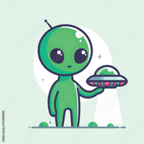 Green alien holding a mini flying saucer with a simple and minimalist flat design using a white background.