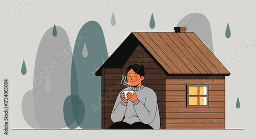 Cozy retreat inside a wooden cabin during a rainy day illustrated with comfort, calm and
