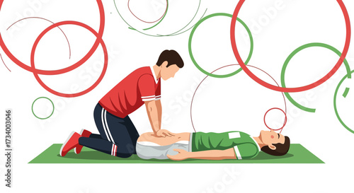 CPR chest compression illustration with an adult victim lying on the ground for emergency