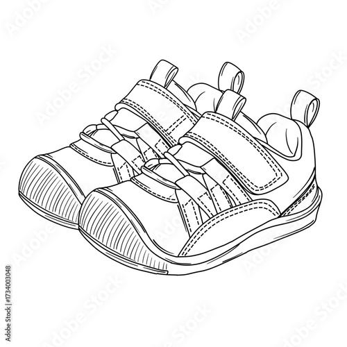 A detailed line art illustration of a pair of toddler shoes, featuring prominent velcro straps for easy fastening and a sturdy design suitable for young children.
