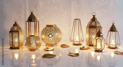 Ornate Arabic lanterns and geometric candle holders with intricate metalwork patterns glow with warm golden light, creating atmospheric Middle Eastern ambiance on reflective surface.