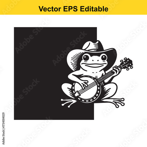 Frog wearing a cowboy hat playing a banjo isolated on white background