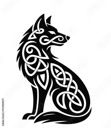 Celtic Knot-Patterned Wolf Illustration in Black and White