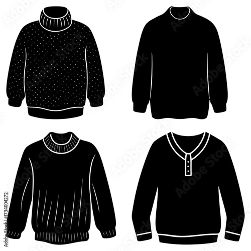 Collection of four black and white sweaters with different necklines and design patterns displayed