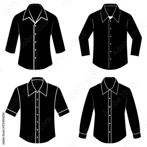 Collection of four black button down shirts with varying sleeve lengths in a vector graphic