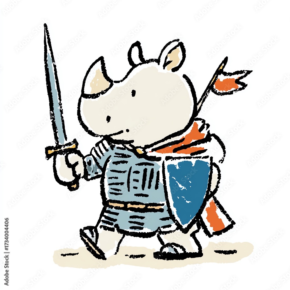 Fototapeta premium A whimsical rhinoceros knight, adorned in armor, marches forward, ready for adventure.