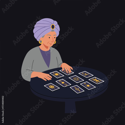 Fortune teller with turban reads cards on a table