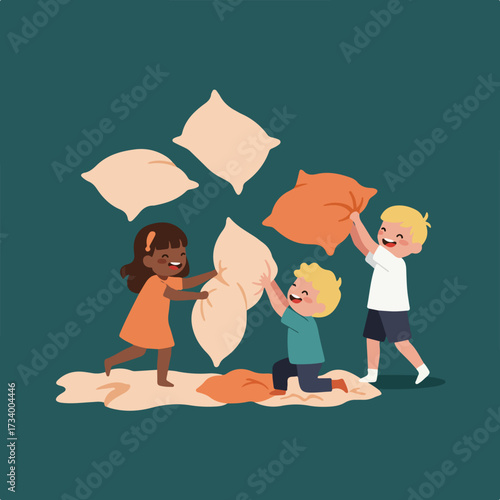 Three happy children joyfully engage in a pillow fight amidst scattered pillows