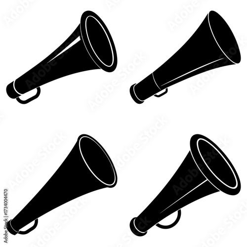 Four black megaphone illustrations arranged in a square pattern on a white background display support