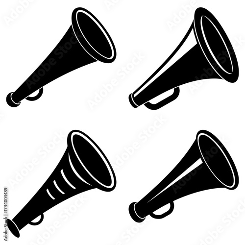 Four black and white megaphone illustrations arranged in a square format on a white background design