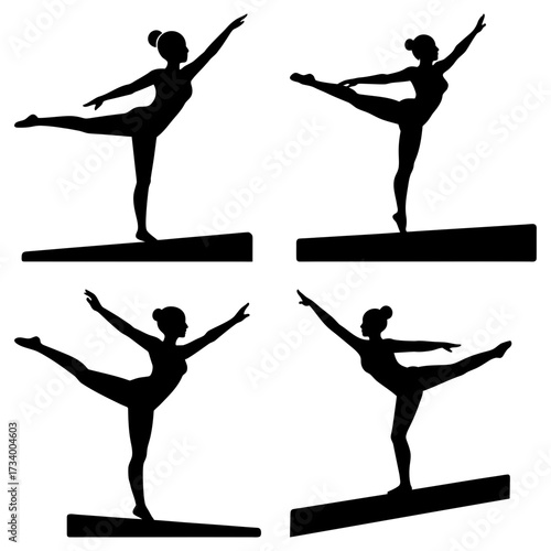 Silhouette of four gymnasts performing balance beam routines in various poses on white background image
