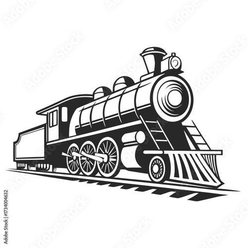 Historical steam train with tender on railroad tracks black and white vector art Keywords: steam engine, train, locomotive, railroad, railway, transportation, vintage, retro, historical, old