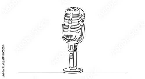 Continuous line drawing of a vintage retro microphone, minimalist one line art illustration.