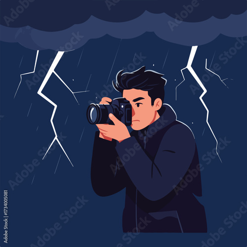 Determined photographer captures storm amidst lightning and rain