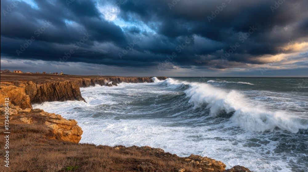 Fototapeta premium Dramatic coastal scene with crashing waves and dark storm clouds over rugged cliffs at sunset