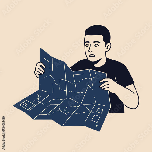 Man with surprised expression studying a complex unfolded map